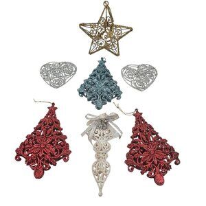 Vintage Filigree Christmas Tree Ornaments Set of 7 Tree Heart Star Glitter